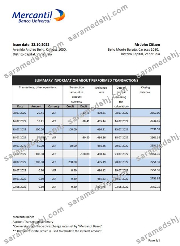 Venezuela Mercantil bank statement